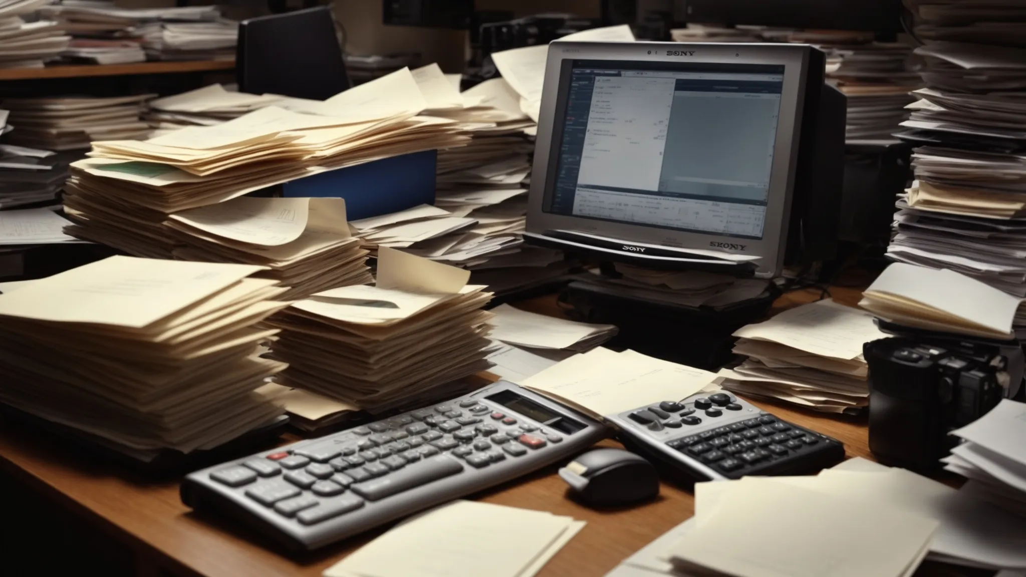 a cluttered desk with stacks of paper, overflowing folders, and a calculator surrounded by outdated computer monitors, illustrating the inefficiencies in financial operations.