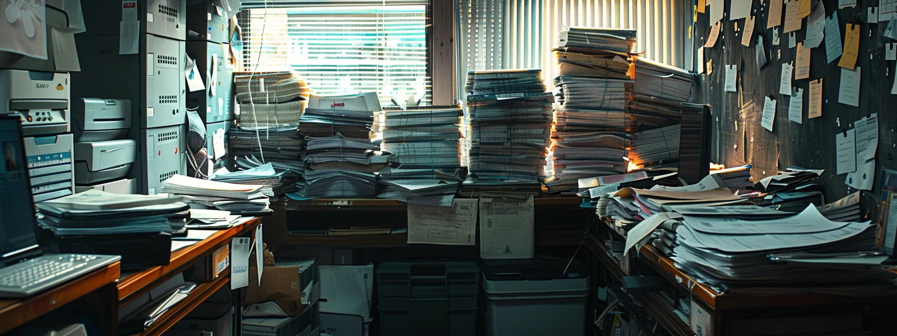 a desk cluttered with stacks of paper and overflowing printers, highlighting the inefficiency and high printing costs within an organization.