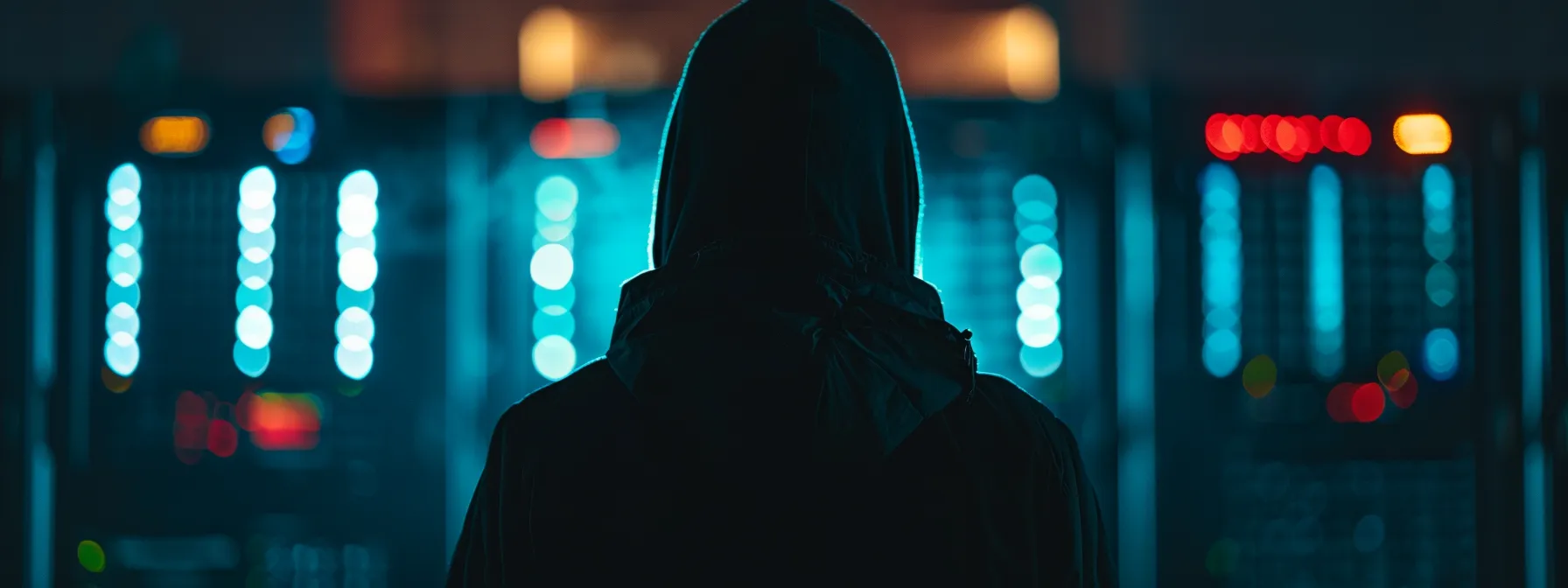 a dark silhouette of a hacker in front of a glowing network server, symbolizing the looming threat of cyber attacks on data security.