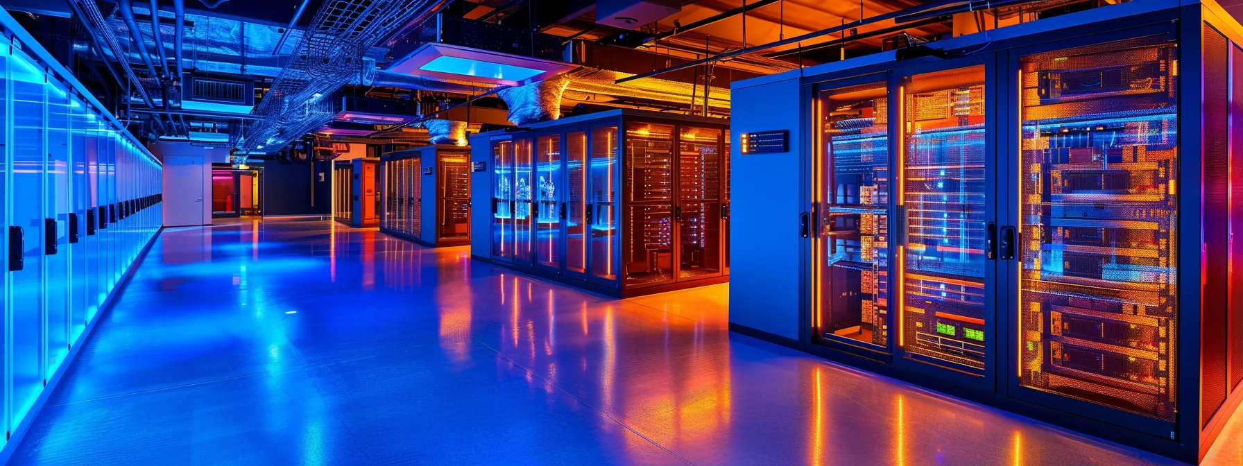 a high-tech server room with intricate cybersecurity measures in place to ensure data security and compliance standards are met.