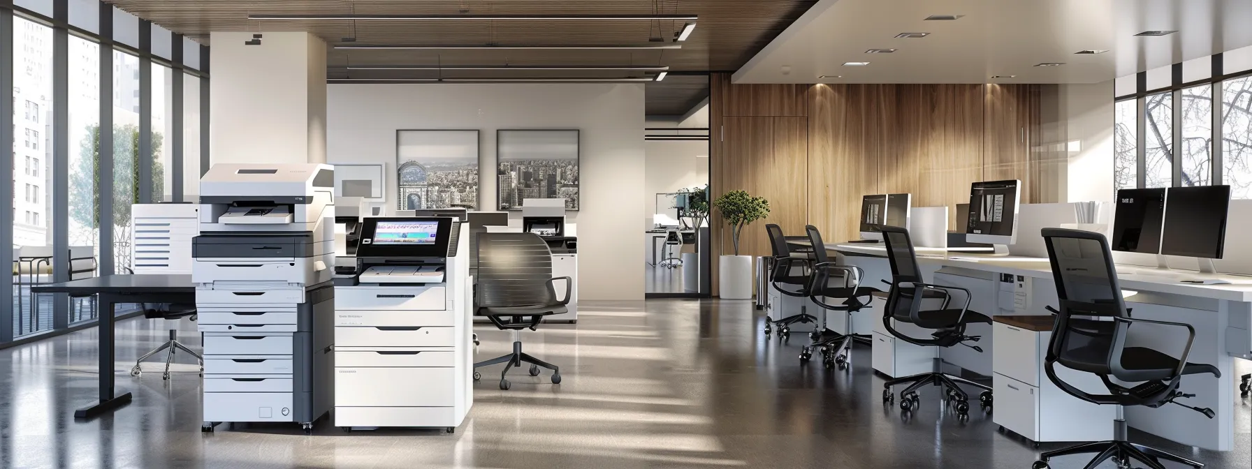 a sleek, modern office space with strategically placed multifunction printers, energy-efficient equipment, and a team negotiating supply contracts for optimal efficiency.