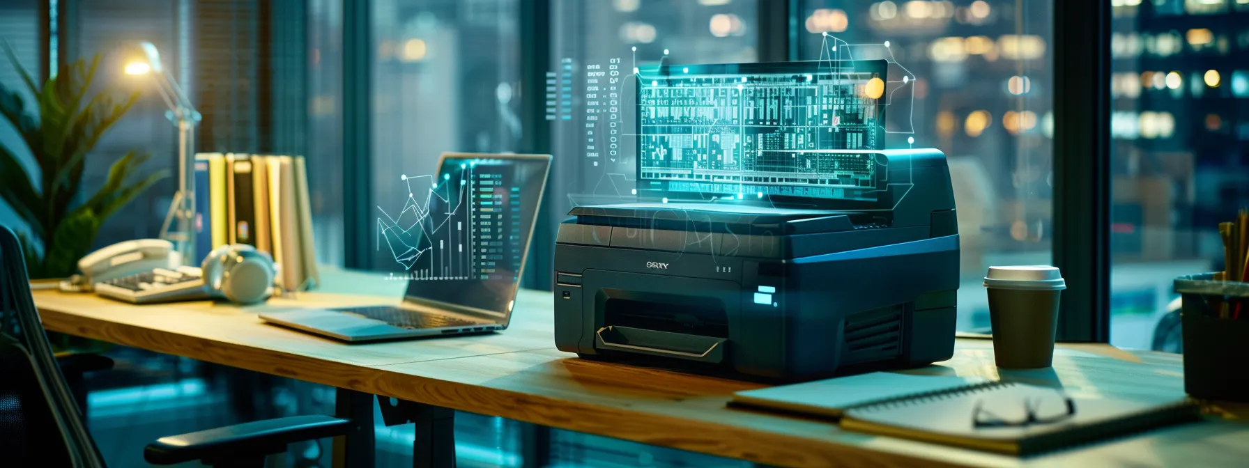 an office printer surrounded by futuristic security software, protecting it from cyber threats.