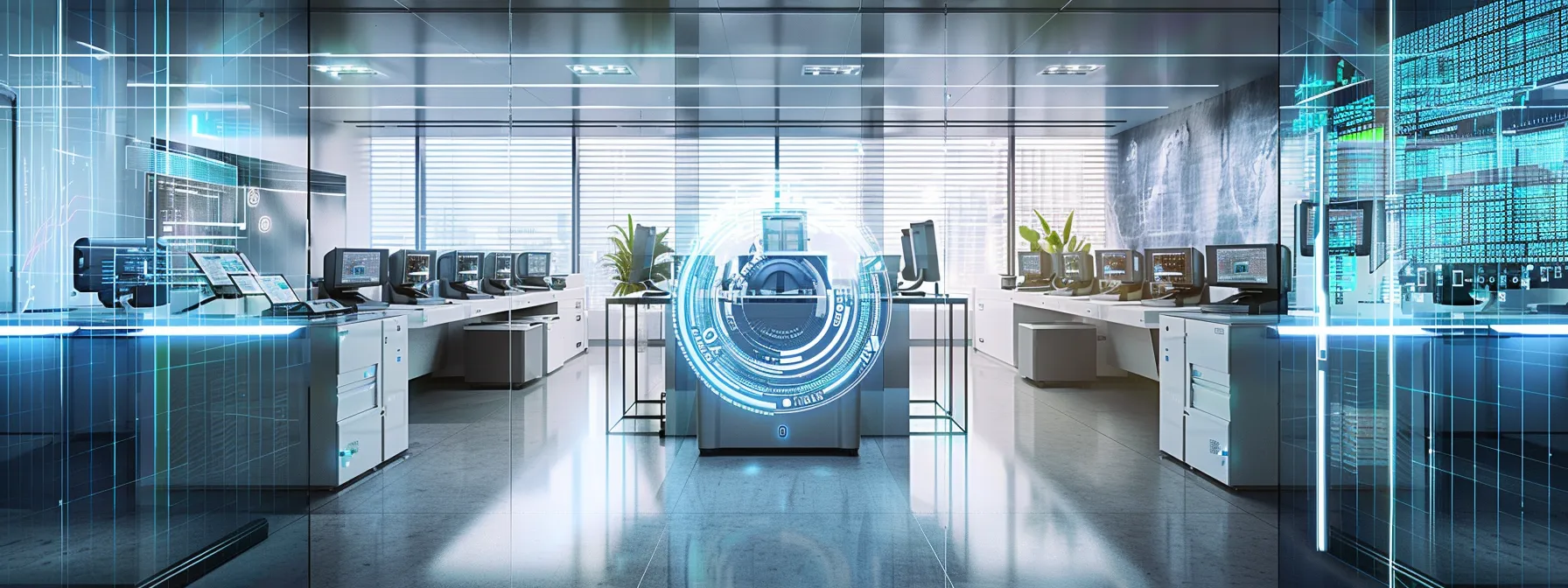 a futuristic office with advanced printers surrounded by a digital security shield.