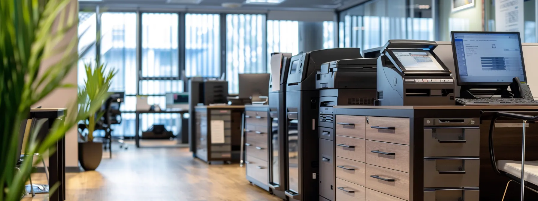 a modern office with sleek, energy-efficient printers seamlessly integrated into a cloud-based document management system, showcasing the tangible benefits of managed print services on reducing printing expenses.