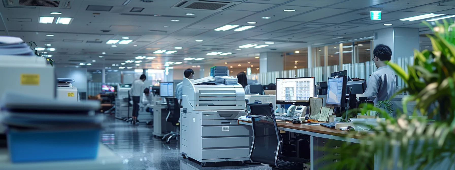 a busy office with employees utilizing digital documents on computer screens, showing a commitment to efficient printing practices and environmental responsibility.