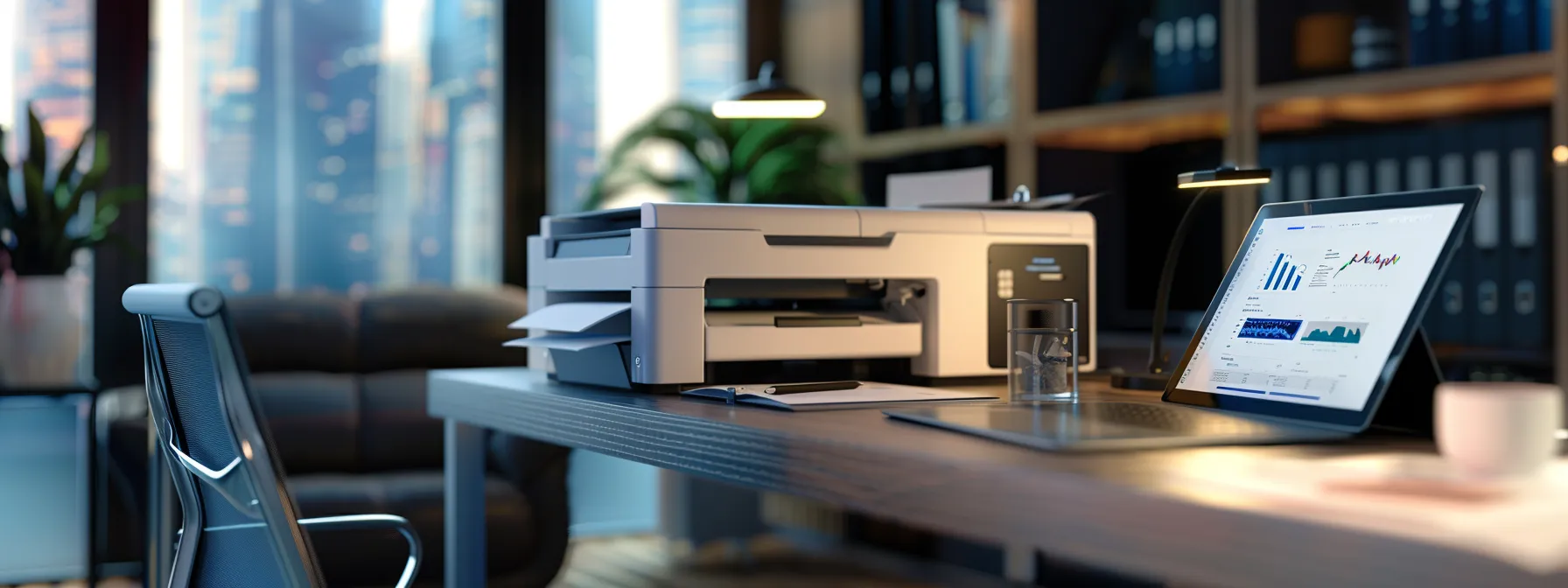 a clutter-free office desk with a sleek, high-tech printer and digital tablet, symbolizing streamlined document management with mps for enhanced workflow and productivity.