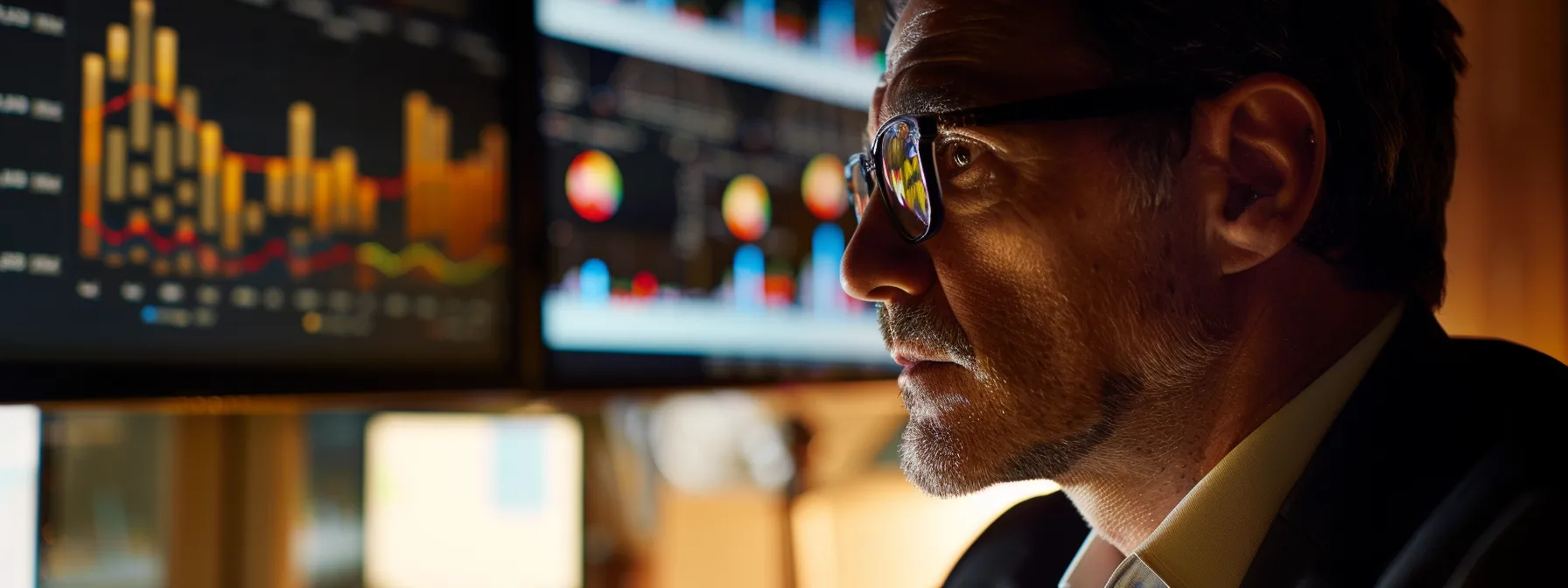 a focused businessman carefully analyzing a detailed graph of print usage analytics on a computer screen in a modern office setting.