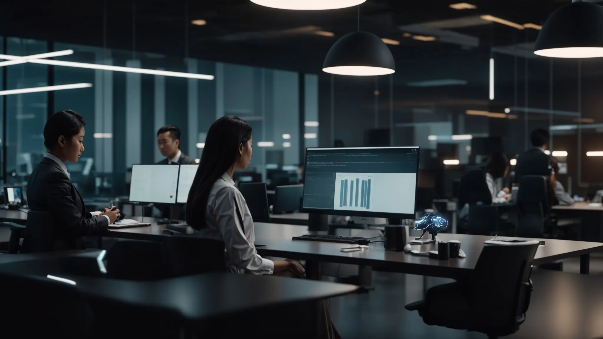 a futuristic office setting with sleek robots seamlessly processing financial documents, surrounded by focused employees being trained on automated workflows.