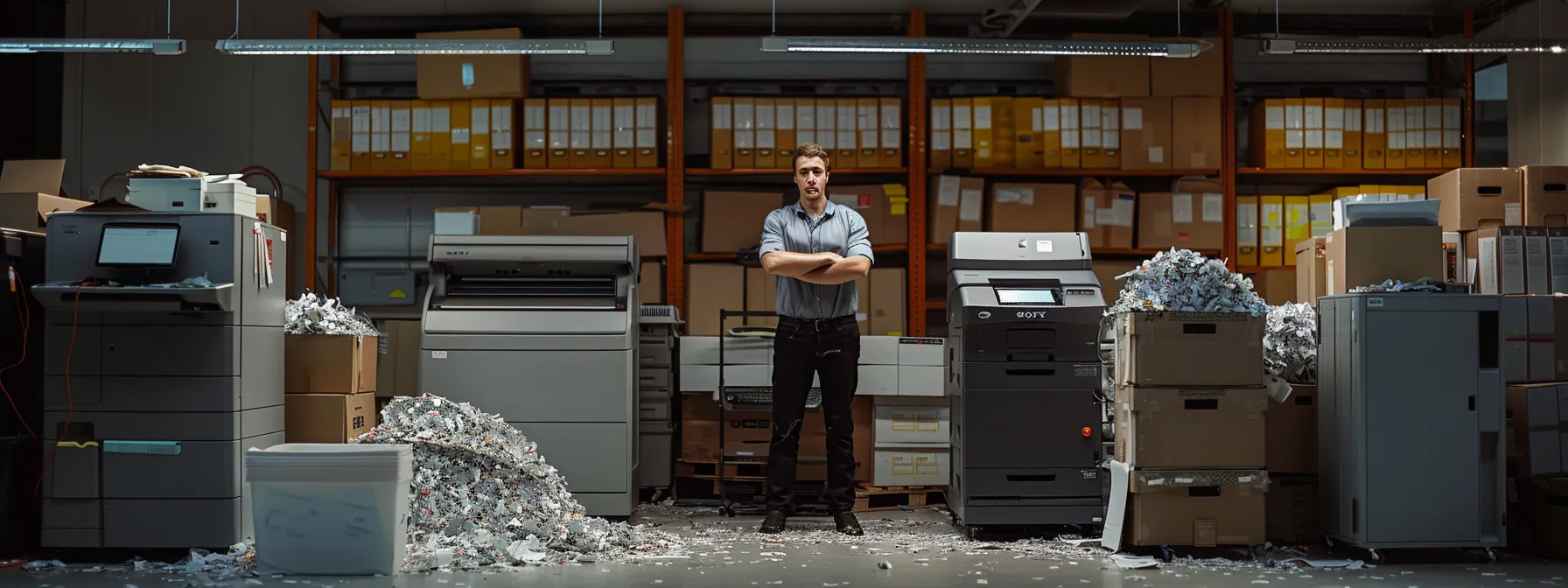 an employee standing in front of a secure, locked printer, surrounded by paper shredders and confidential documents.