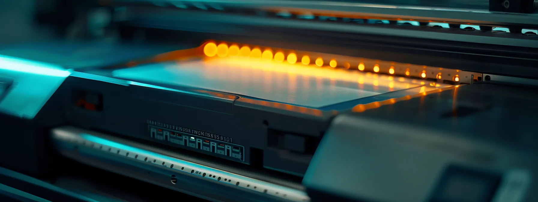 a close-up shot of a high-tech printer with glowing security features, symbolizing advanced protection of sensitive data.