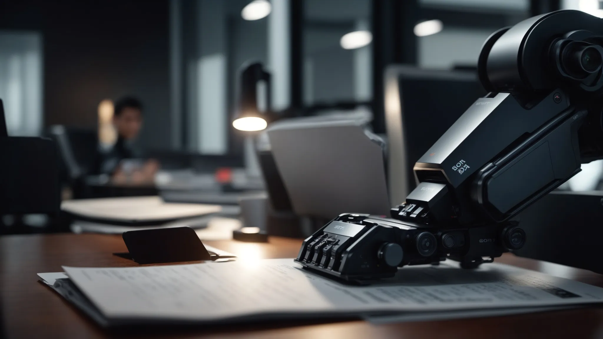 a sleek robot arm seamlessly processing invoices and financial reports in a modern office setting, highlighting the efficiency of rpa in financial processes.