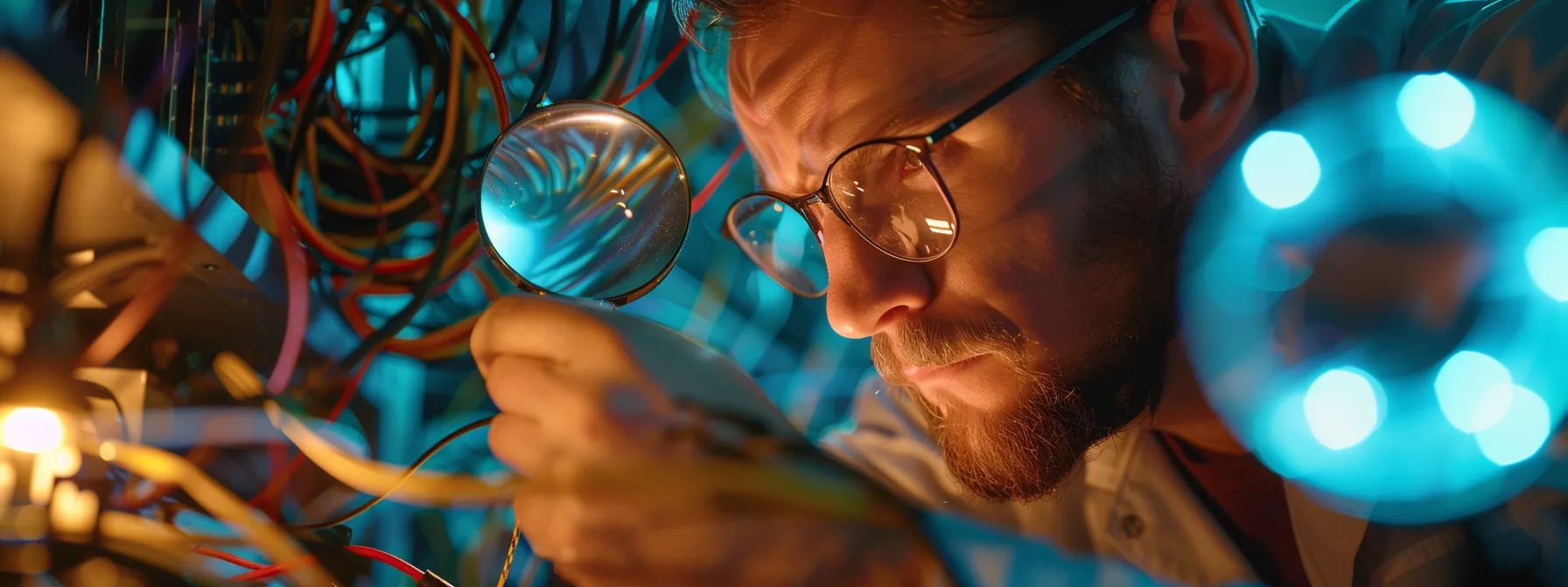 a technician meticulously examining network cables for vulnerabilities with a magnifying glass.