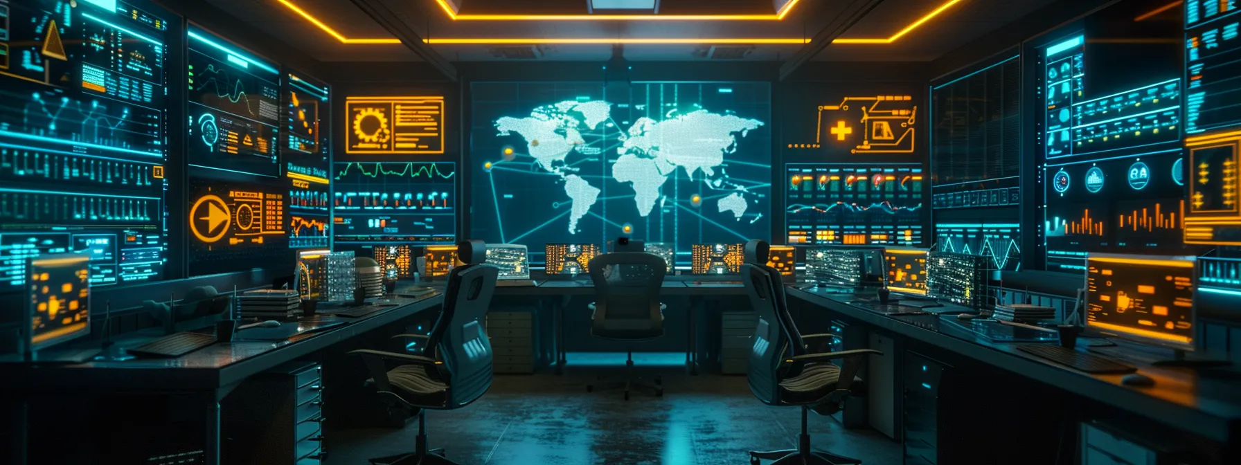 a high-tech control room with glowing firewalls, sophisticated encryption software, and biometric scanners protecting critical infrastructure against cyber threats.