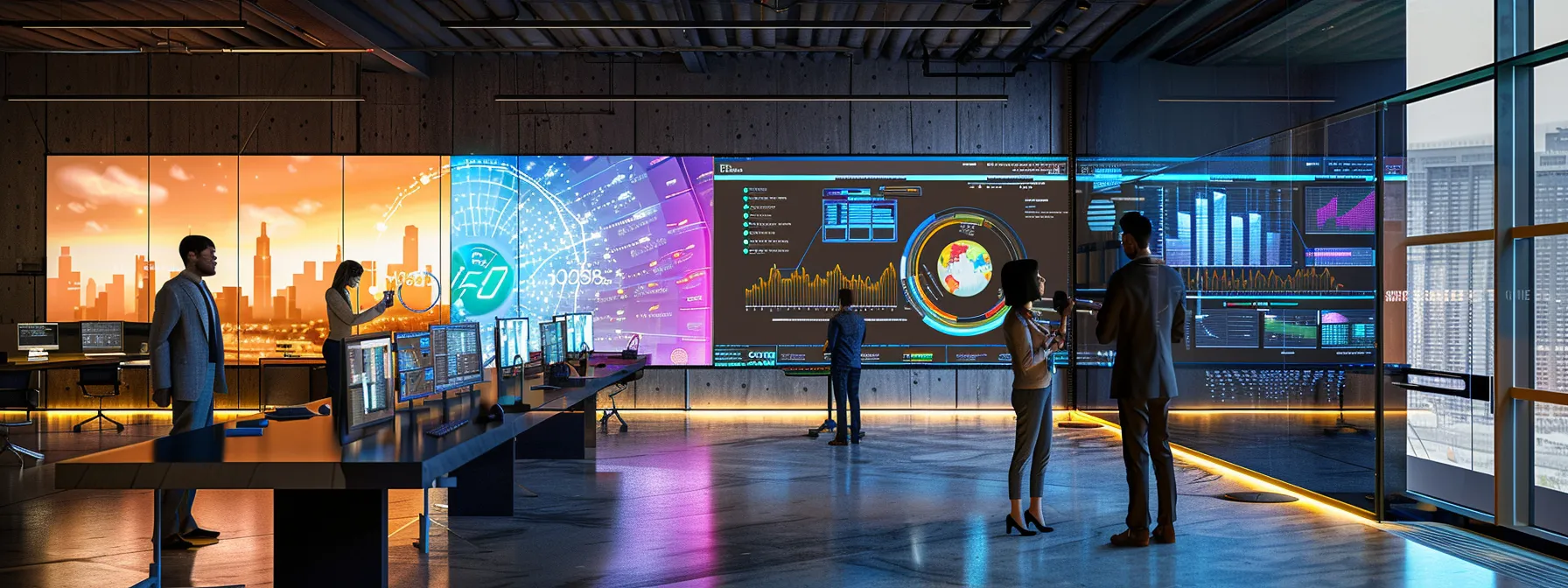 a diverse team of business analysts collaborating around a sleek, futuristic cloud data analytics dashboard, with real-time insights displayed on large screens in a modern office environment.