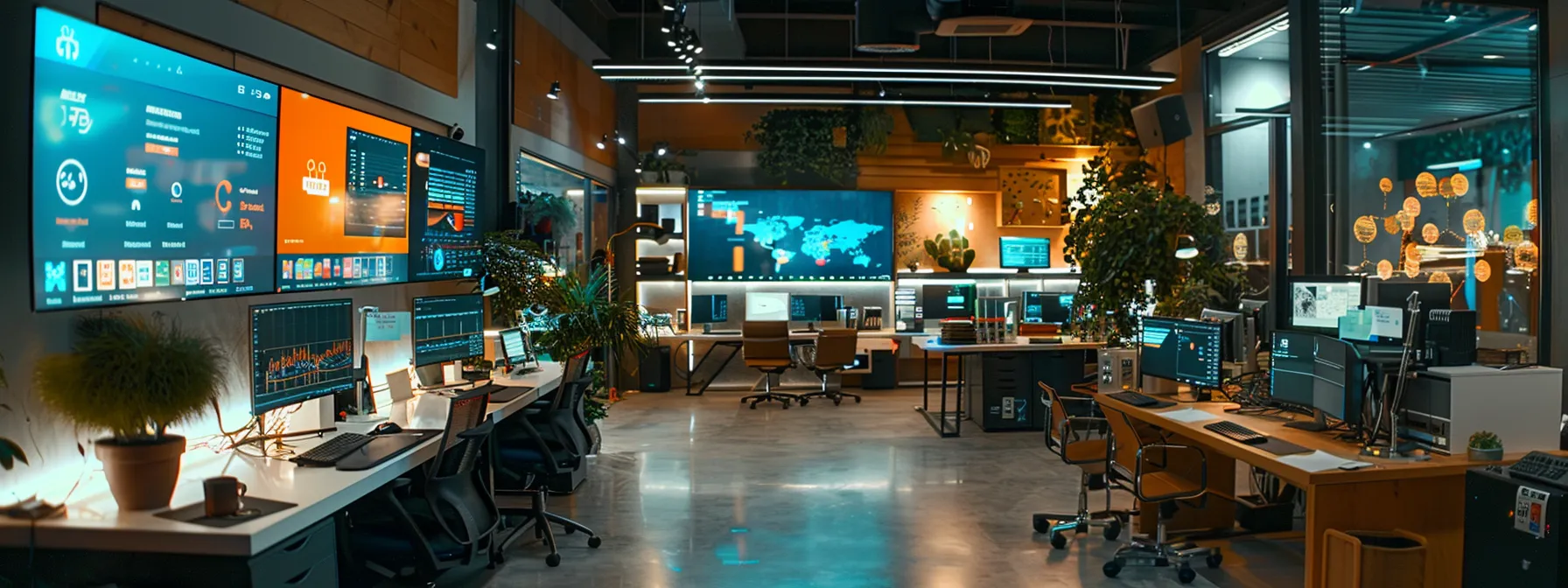 a bustling office space with a team of tech experts working seamlessly together, surrounded by cutting-edge equipment and monitors displaying complex data analytics.