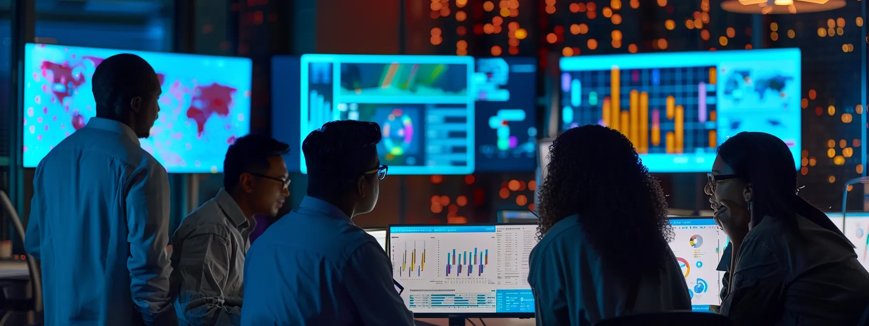 a diverse team collaboratively analyzing data in a high-tech office setting, focusing on security measures and efficiency for cloud data analytics adoption.