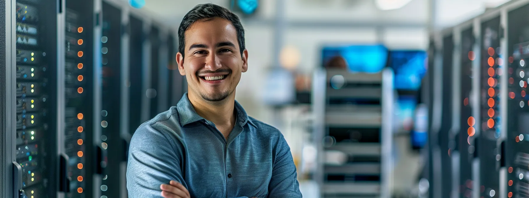 a small business owner smiles proudly as their network security measures lead to significant performance improvements, with advanced techniques showcased by large enterprises in the background.