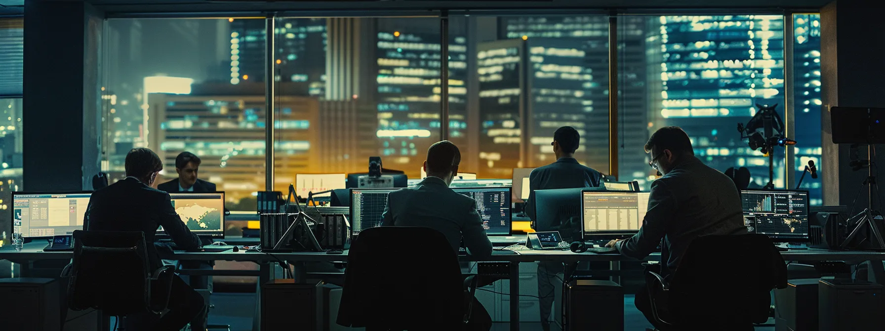 a team of cybersecurity experts huddled around multiple computer screens, monitoring network activity in a sleek, modern office setting.