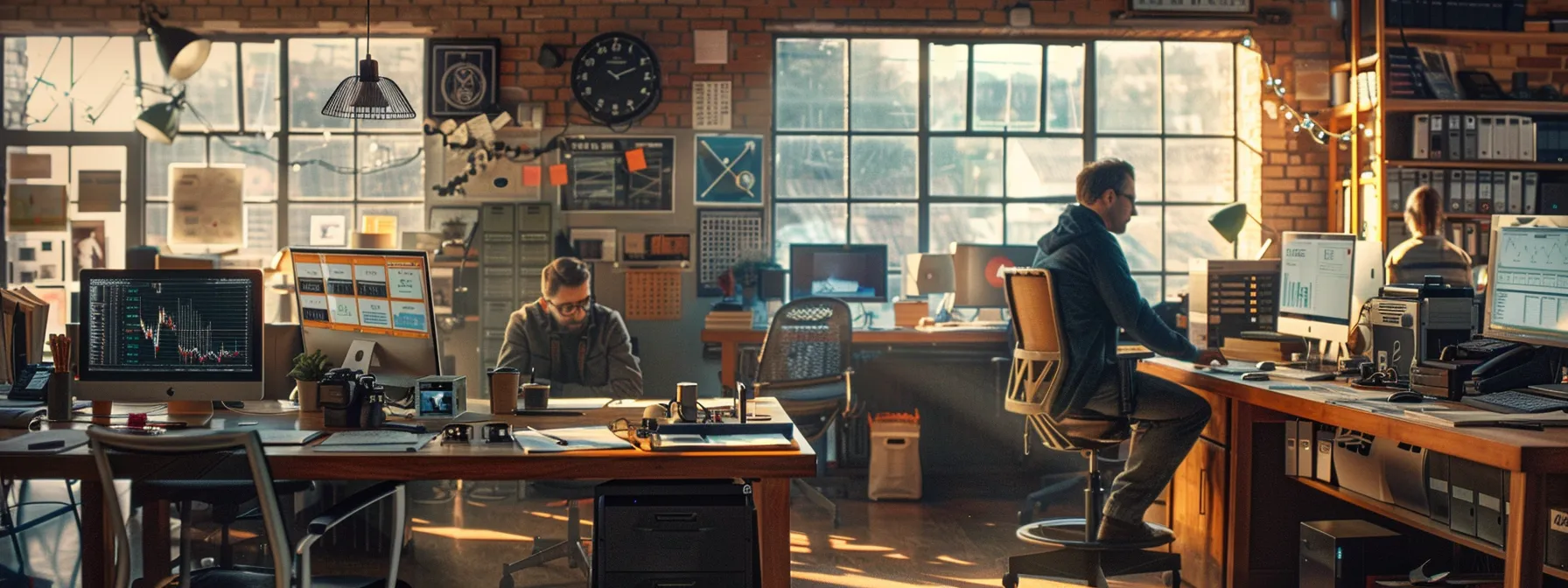 a bustling office with small business employees efficiently working on cloud-based systems, surrounded by charts showing growth and success.