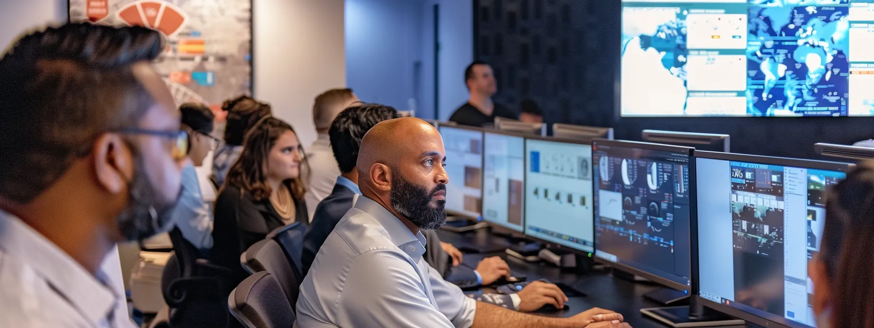 a diverse group of employees engaging in hands-on cybersecurity training, focusing intently on computer screens displaying security protocols and procedures.