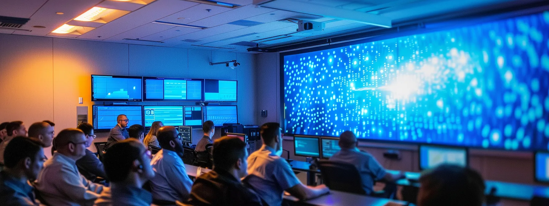 a group of focused employees undergoing cybersecurity training while a firewall protects the network in the background.