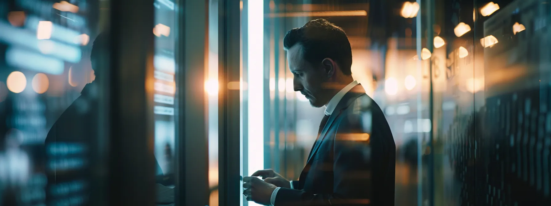 a businessman carefully selecting a high-tech cybersecurity-integrated bi platform to drive growth in a sleek, modern office setting.