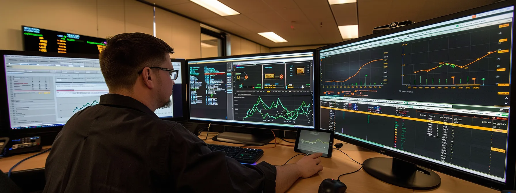 a cybersecurity analyst closely monitors a dynamic, data-filled dashboard on a computer screen, with charts and graphs illustrating potential threats and security measures, enhancing kraft systems' defenses.