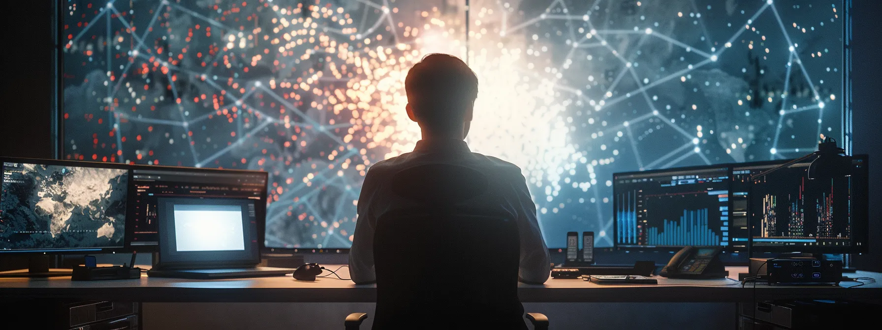 a focused cio analyzing a web of intricate data, surrounded by high-tech cybersecurity tools, determined to overcome challenges in predictive cybersecurity.