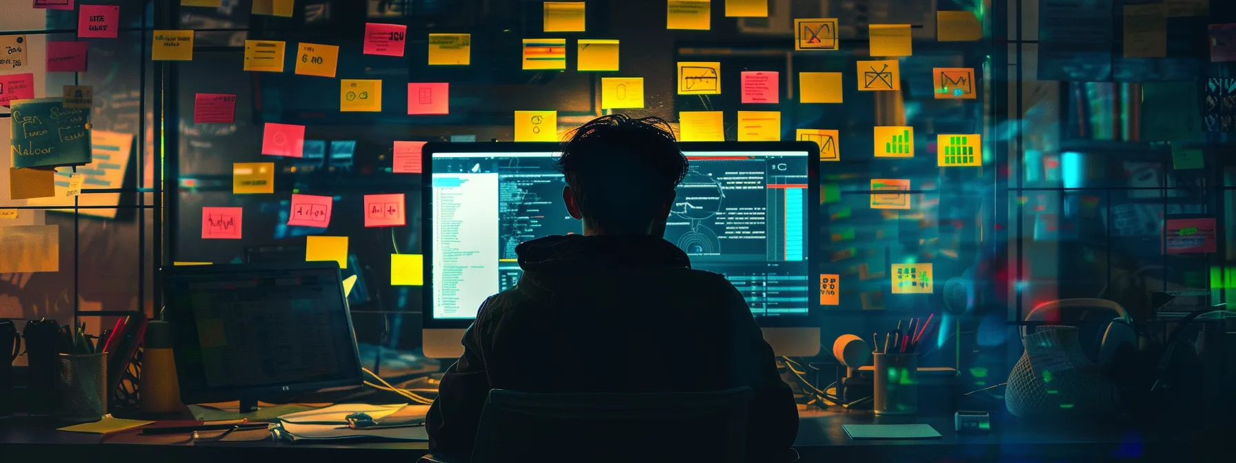 a focused person analyzing a complex cybersecurity tool dashboard on a computer screen, surrounded by sticky notes with security requirements and a detailed implementation roadmap.