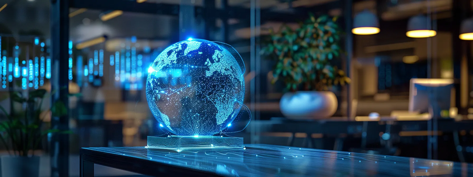 a futuristic office setting with a digital shield protecting a glowing data orb, symbolizing the integration of cybersecurity and business intelligence to safeguard valuable information.