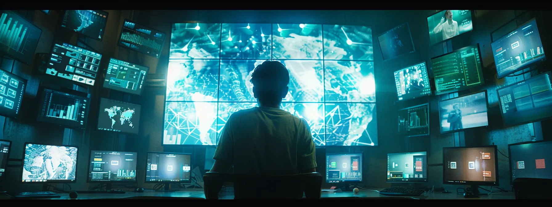 a futuristic security control room with ai algorithms analyzing data streams for cyber threats.