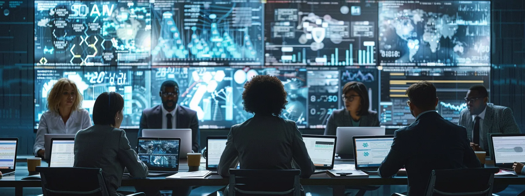 a group of diverse individuals in a boardroom, working together on laptops with screens displaying complex data analytics and cybersecurity algorithms.