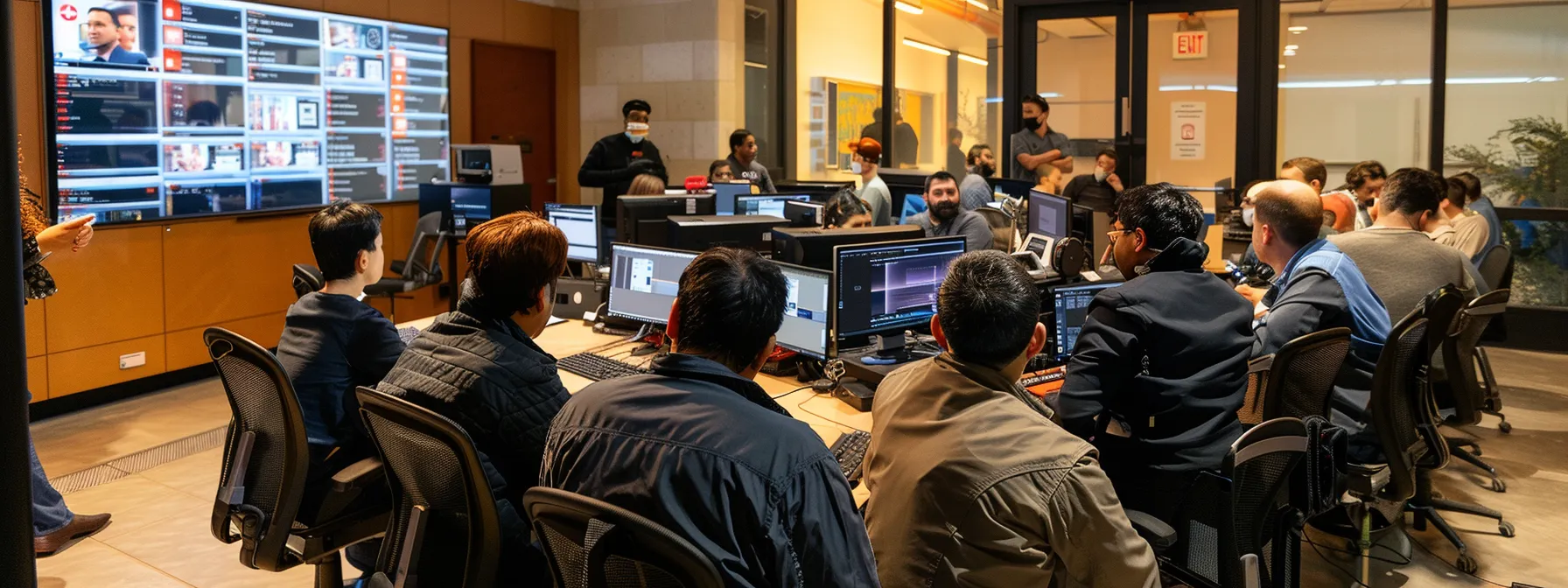 a group of employees gathered around a computer, undergoing cybersecurity training to ensure a secure bi platform deployment.