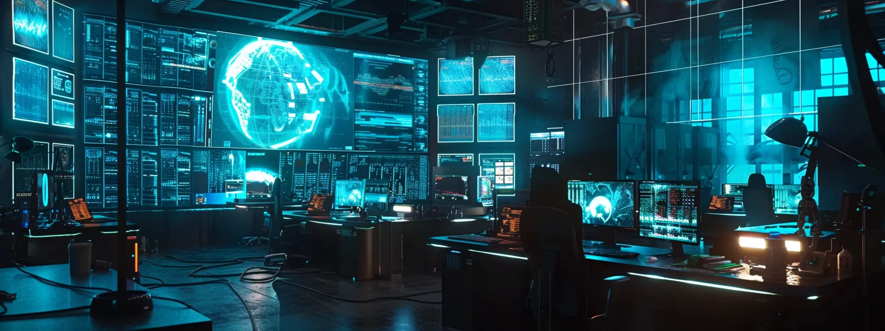 a high-tech control room illuminated by screens displaying real-time threat analytics, showcasing the power of data-driven security strategies.