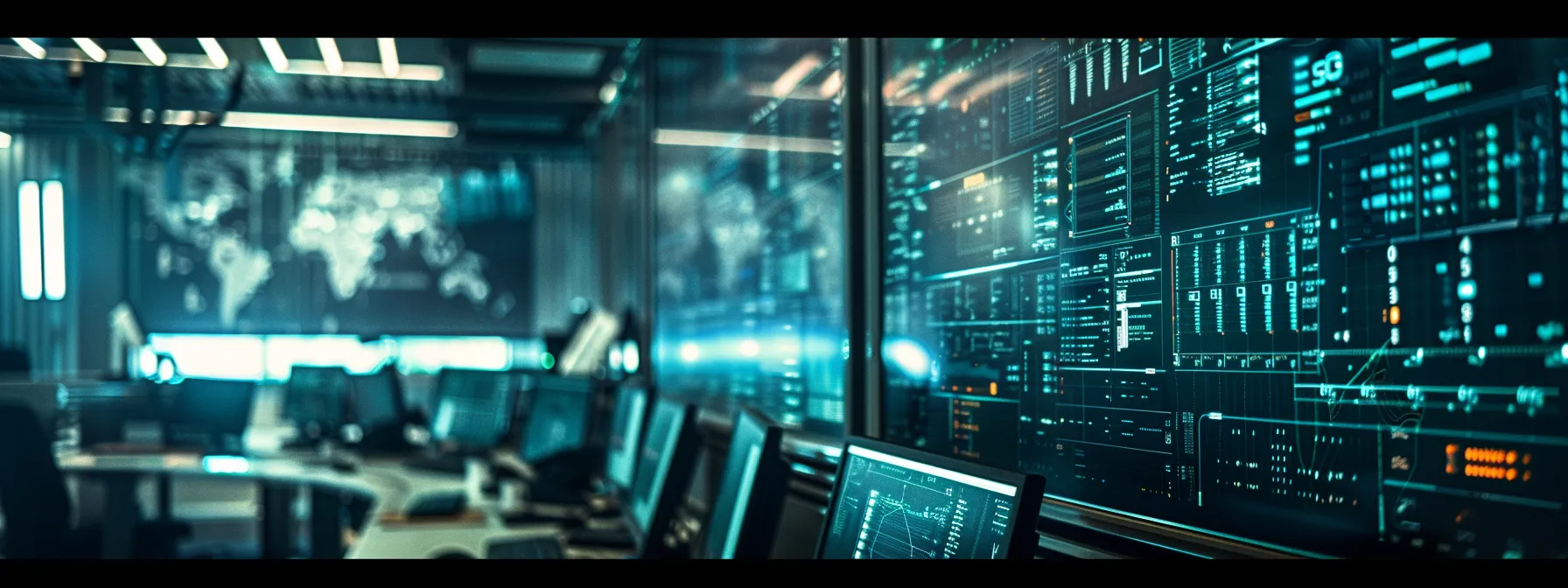 a high-tech security operations center with dynamic data visualizations and advanced threat detection algorithms in action at kraft systems.