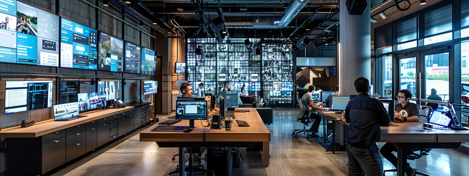 a modern office setting with analysts collaborating on computers, surrounded by interconnected security systems and data visualization tools.