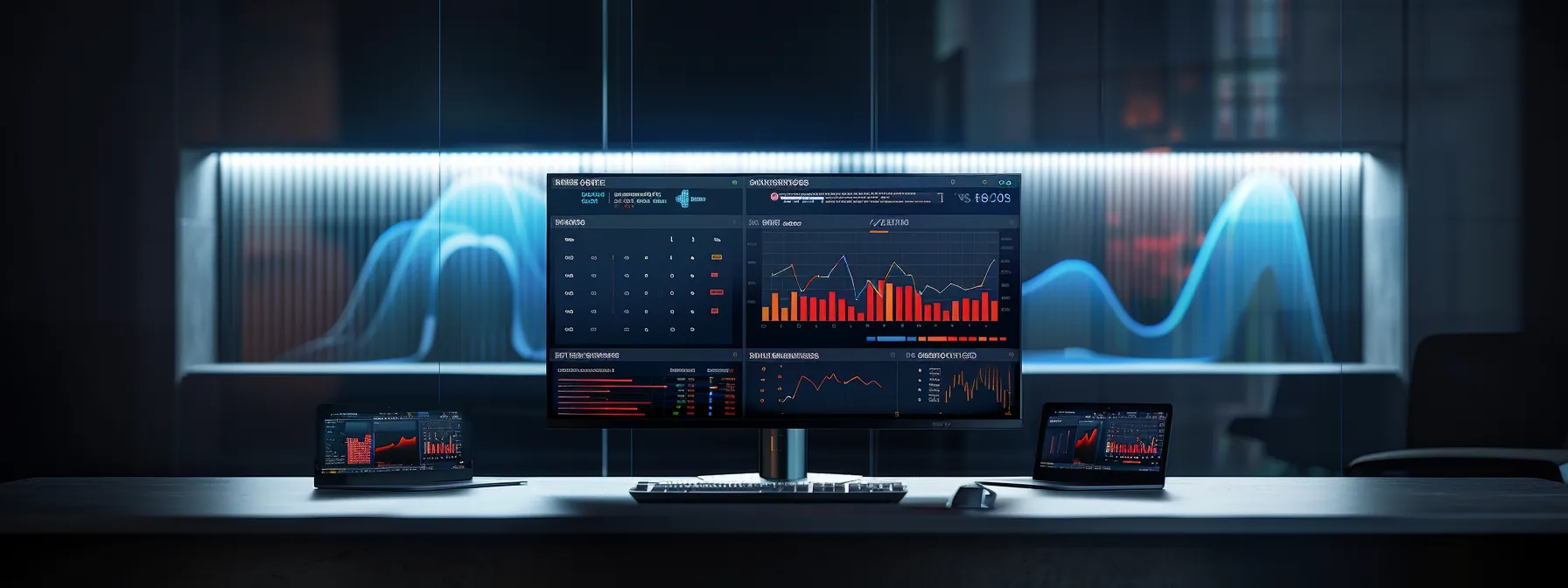 a sleek, high-tech computer screen displays a real-time security dashboard with colorful charts and graphs tracking cyber threats and vulnerabilities.