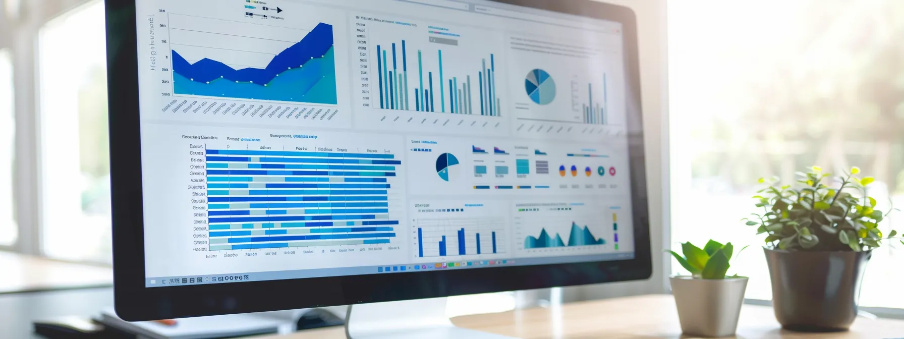 a small business owner confidently analyzing data on a sleek, modern computer screen surrounded by charts and graphs, showcasing their successful integration of business intelligence and cybersecurity.