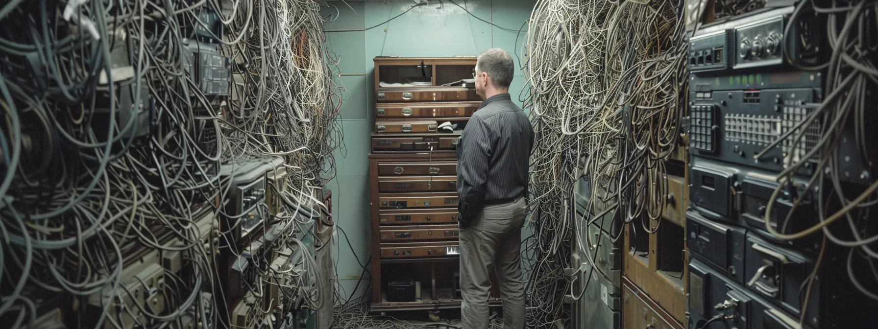 a small business owner stands surrounded by tangled wires and locked safes, representing the challenges of data management and security they face.