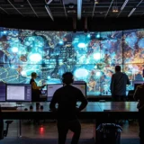 a team of analysts reviewing complex data patterns on multiple screens to predict and prevent cyber threats in a high-tech security operations center.