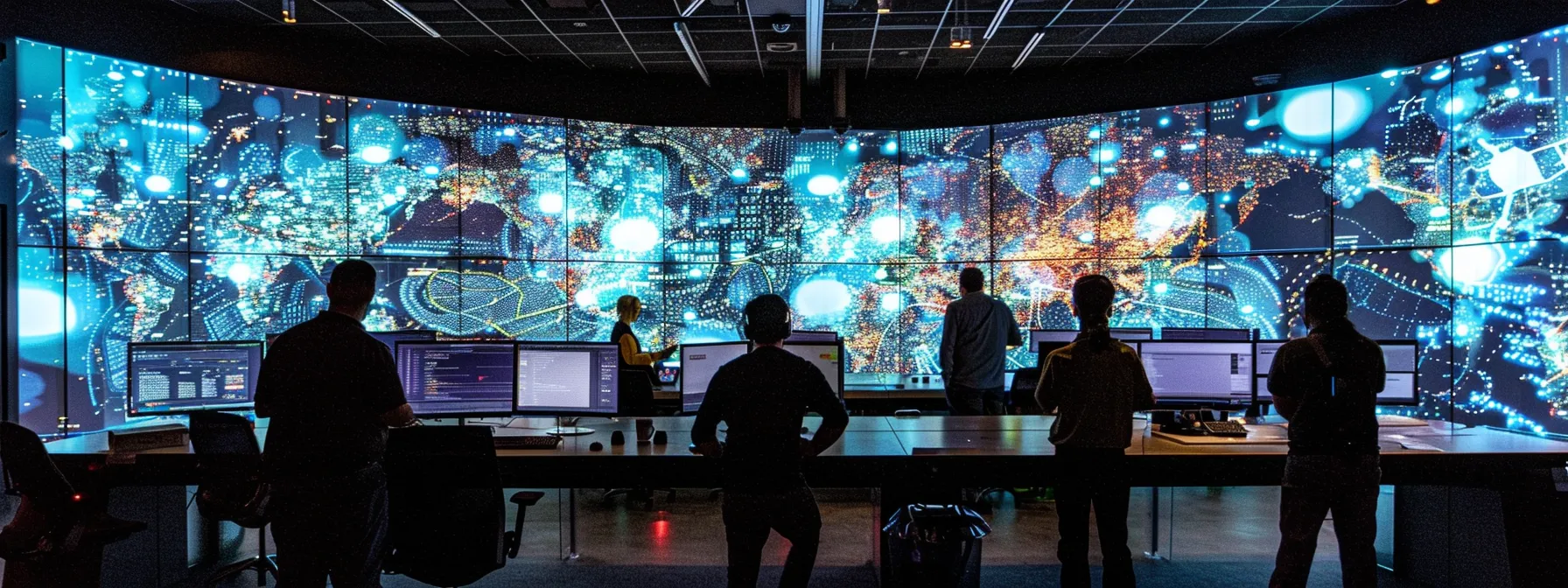 a team of analysts reviewing complex data patterns on multiple screens to predict and prevent cyber threats in a high-tech security operations center.