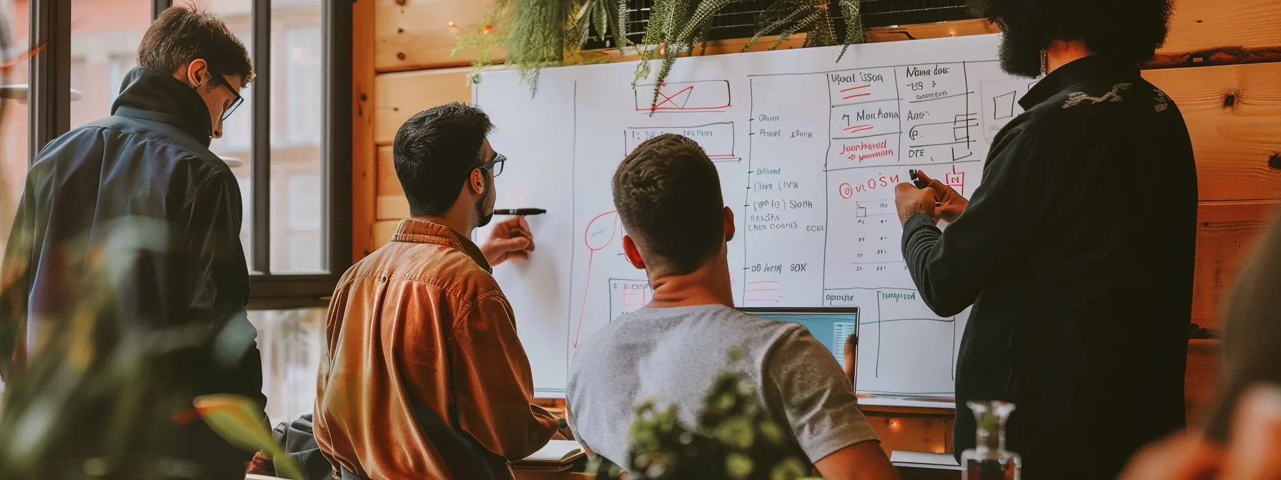 a team of cybersecurity experts collaborating on a whiteboard, mapping out a strategic plan for data protection against cyber threats.