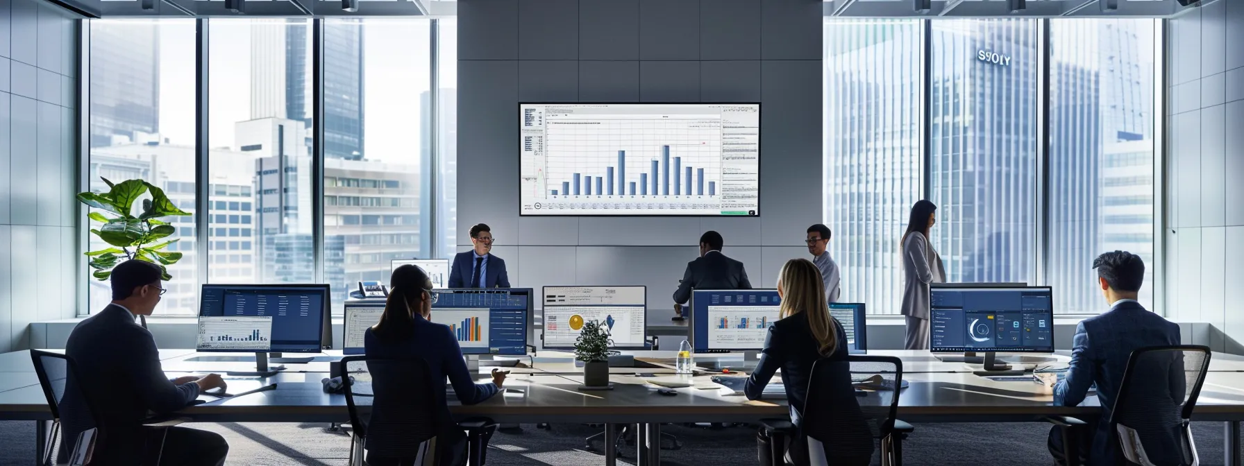 a team of professionals analyzing data on sleek computers in a high-tech office environment.