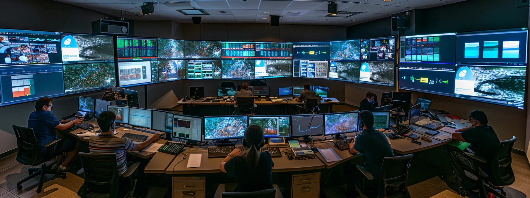 a team of professionals monitoring multiple screens displaying real-time cyber threats and security alerts.