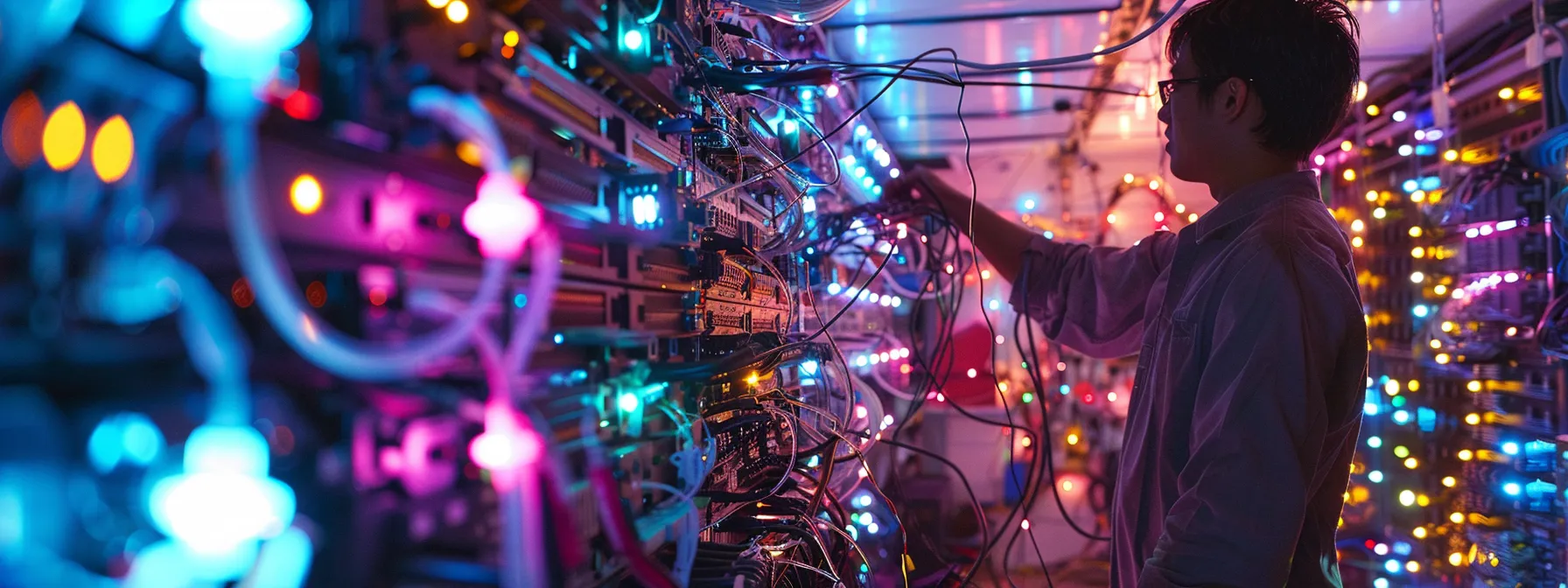 a technician meticulously inspecting a network server room filled with blinking lights and cables to assess kraft systems' cybersecurity landscape.