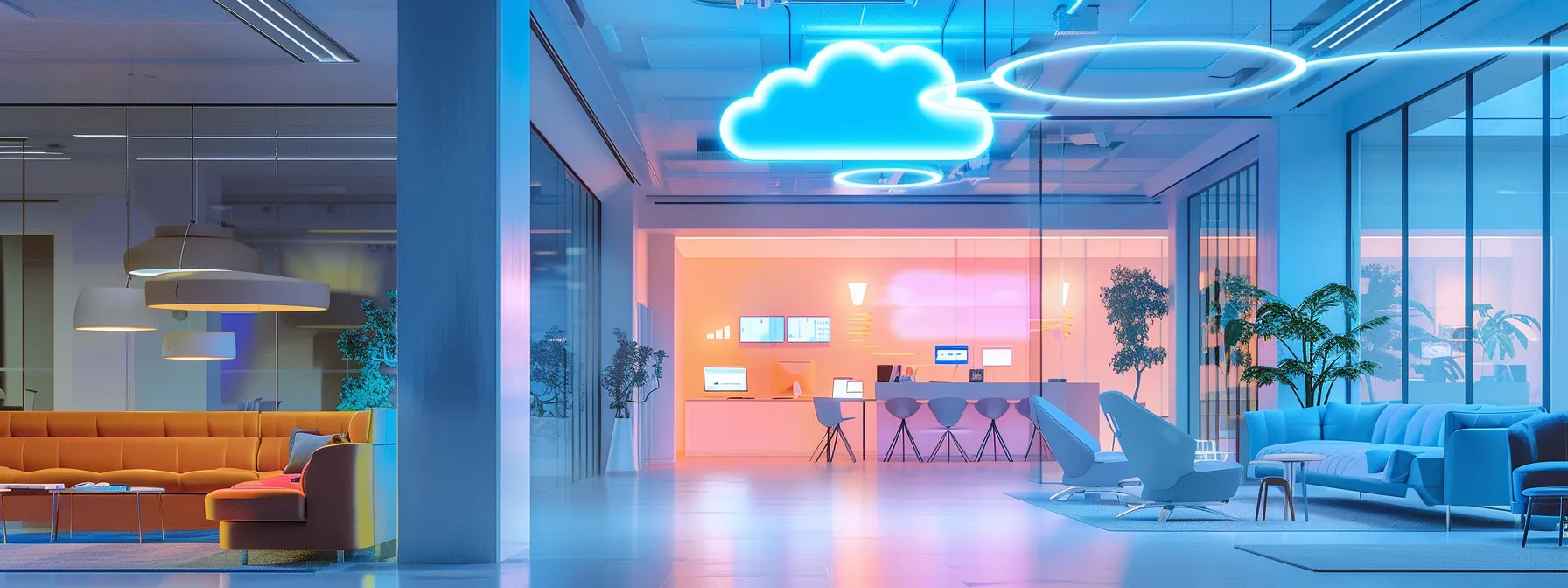 a bright, modern office setting with a seamless flow of data between interconnected devices, showcasing the efficiency and security benefits of cloud computing.