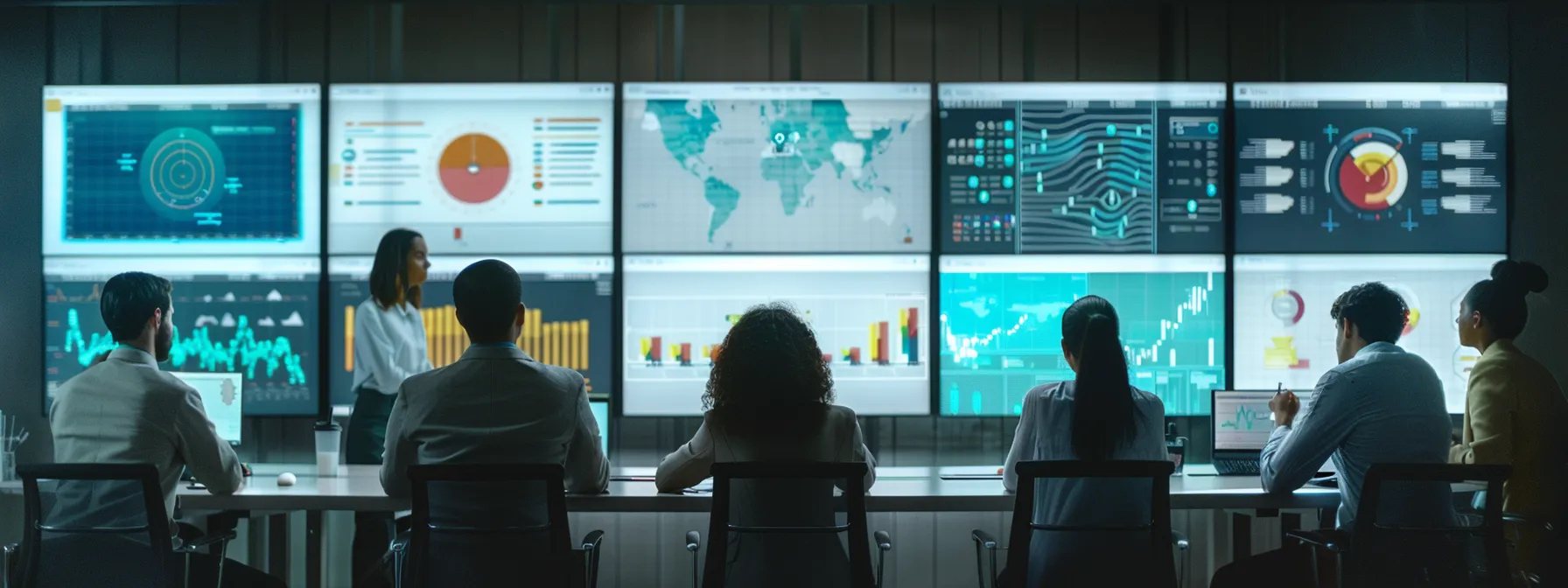 a diverse team of professionals collaborating around a sleek, modern conference table, showcasing charts and graphs on multiple screens displaying real-time data analytics through microsoft power bi.