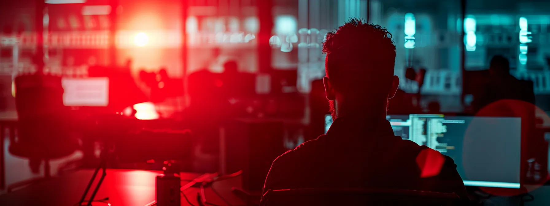 a dark, shadowy figure hovering over a computer screen with glowing red alerts in a dimly lit office, representing the looming cyber risks in today's business environment.