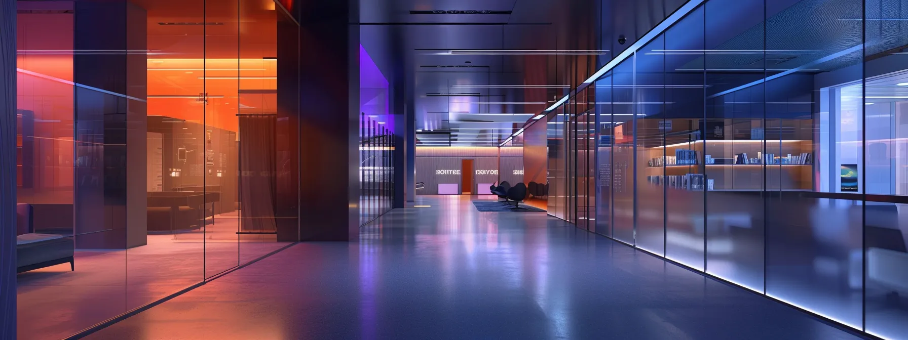 a sleek, modern office space with a seamless blend of digital and physical elements, showcasing the efficiency and innovation of cloud computing in business operations.