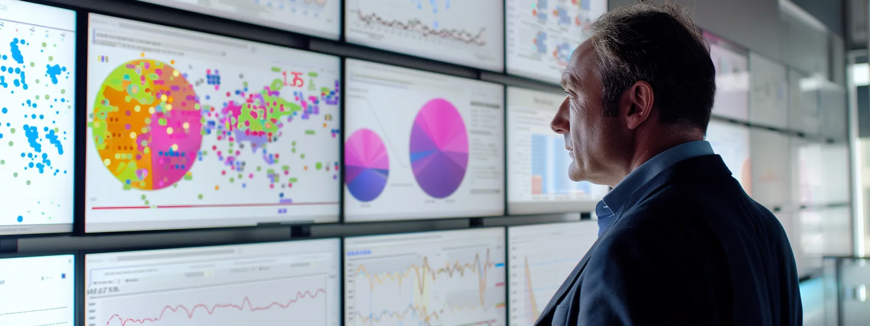 a businessman analyzing colorful, real-time data visualizations on multiple screens in a modern office setting.